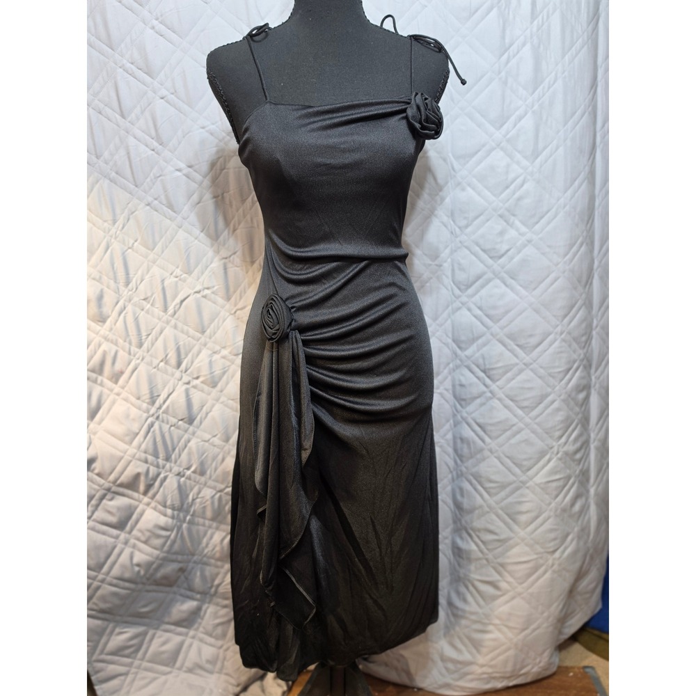 Vintage ILGWU Black Rosette Ruched Midi Cocktail Dress Square Neck Size M-2 READ